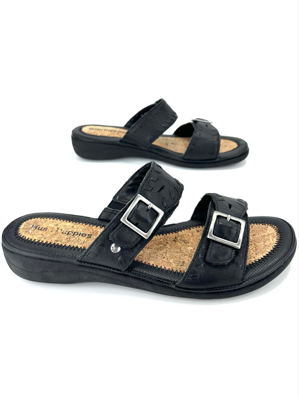 Hush Puppies Slide Sandal Sz 9.5M Black Leather Cushioned Cork Adjustable Straps